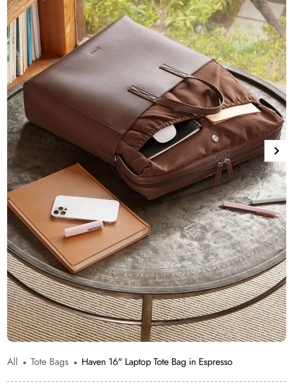 Calpak Brown Leather Laptop Tote with Shoulder Strap